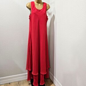 Vtg 90s Red Chiffon Sleeveless Maxi Dress Lge Lagenlook Flowy Tiered Cocktail